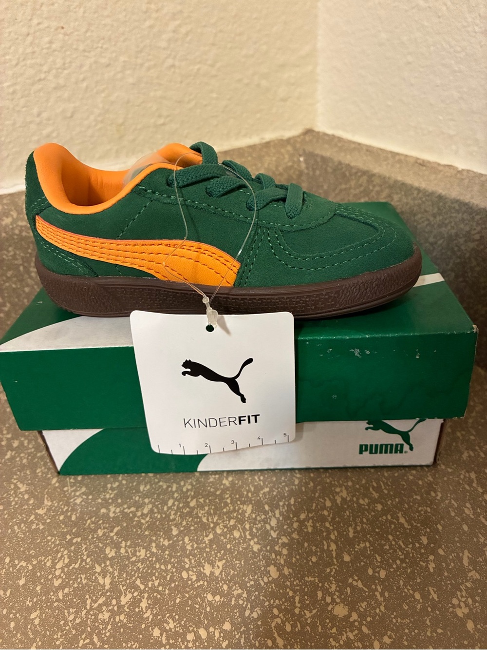 Puma Kids Green Suede Sneaker with Orange Stripe